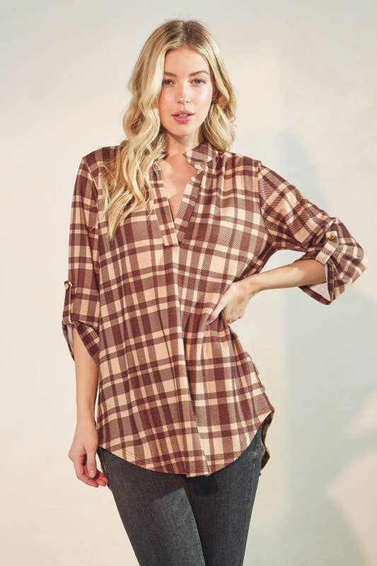 Button 3/4 Sleeve Plaid Mandarin Collar Blouse