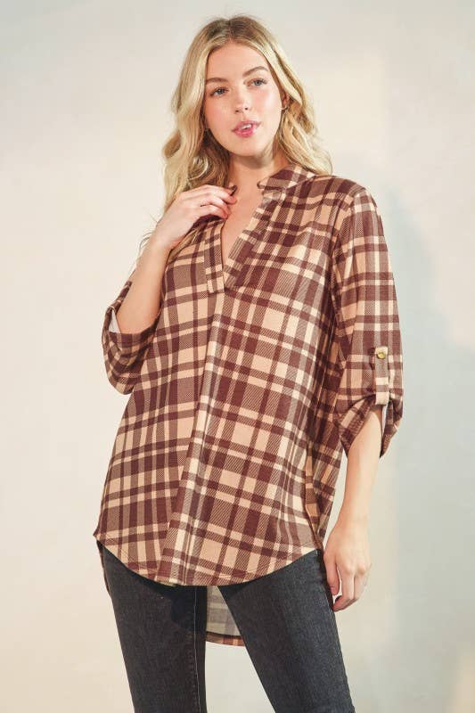 Button 3/4 Sleeve Plaid Mandarin Collar Blouse