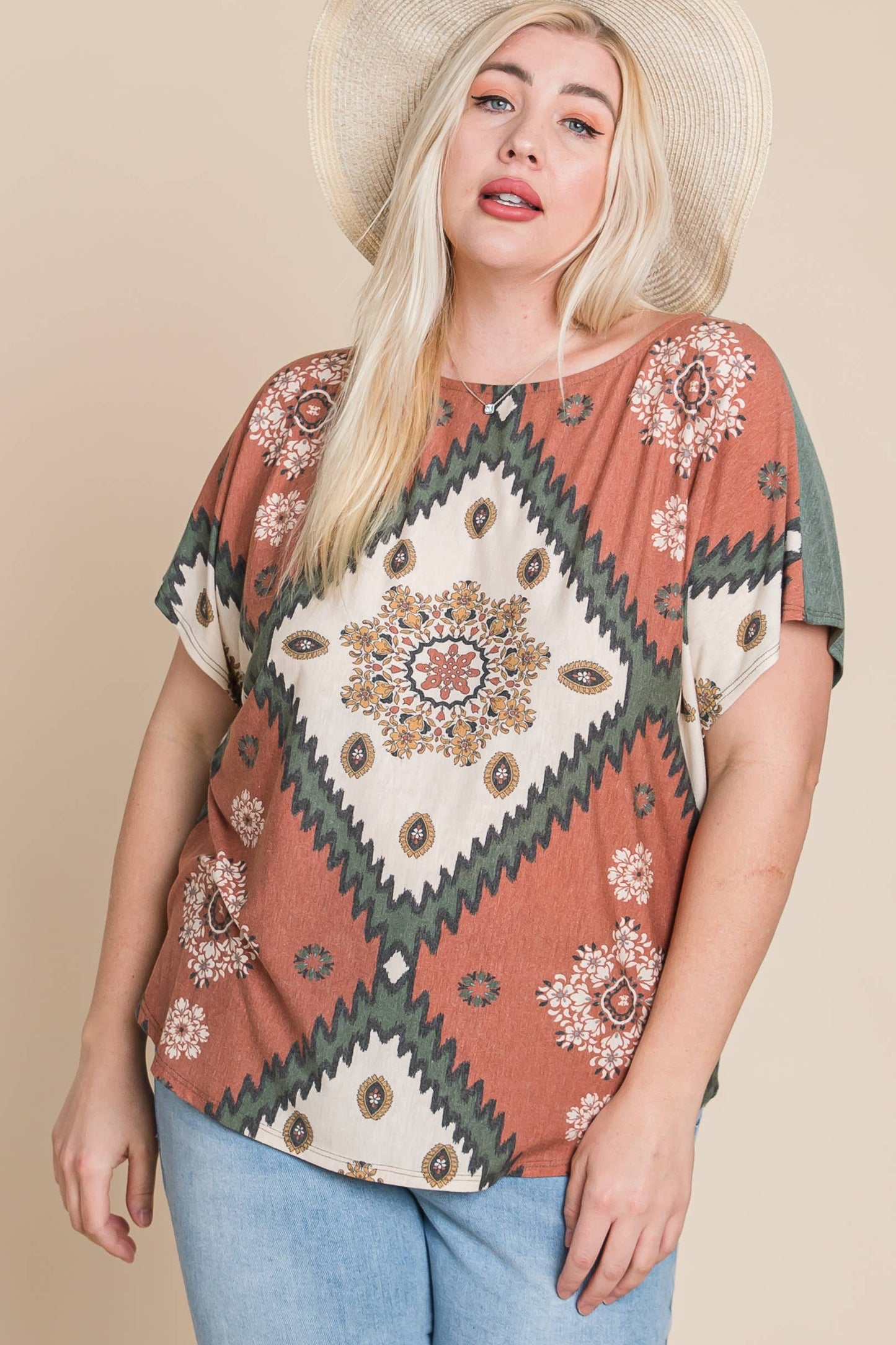 ETK-8722-PL Plus Size Floral Chevron Off Shoulder Top