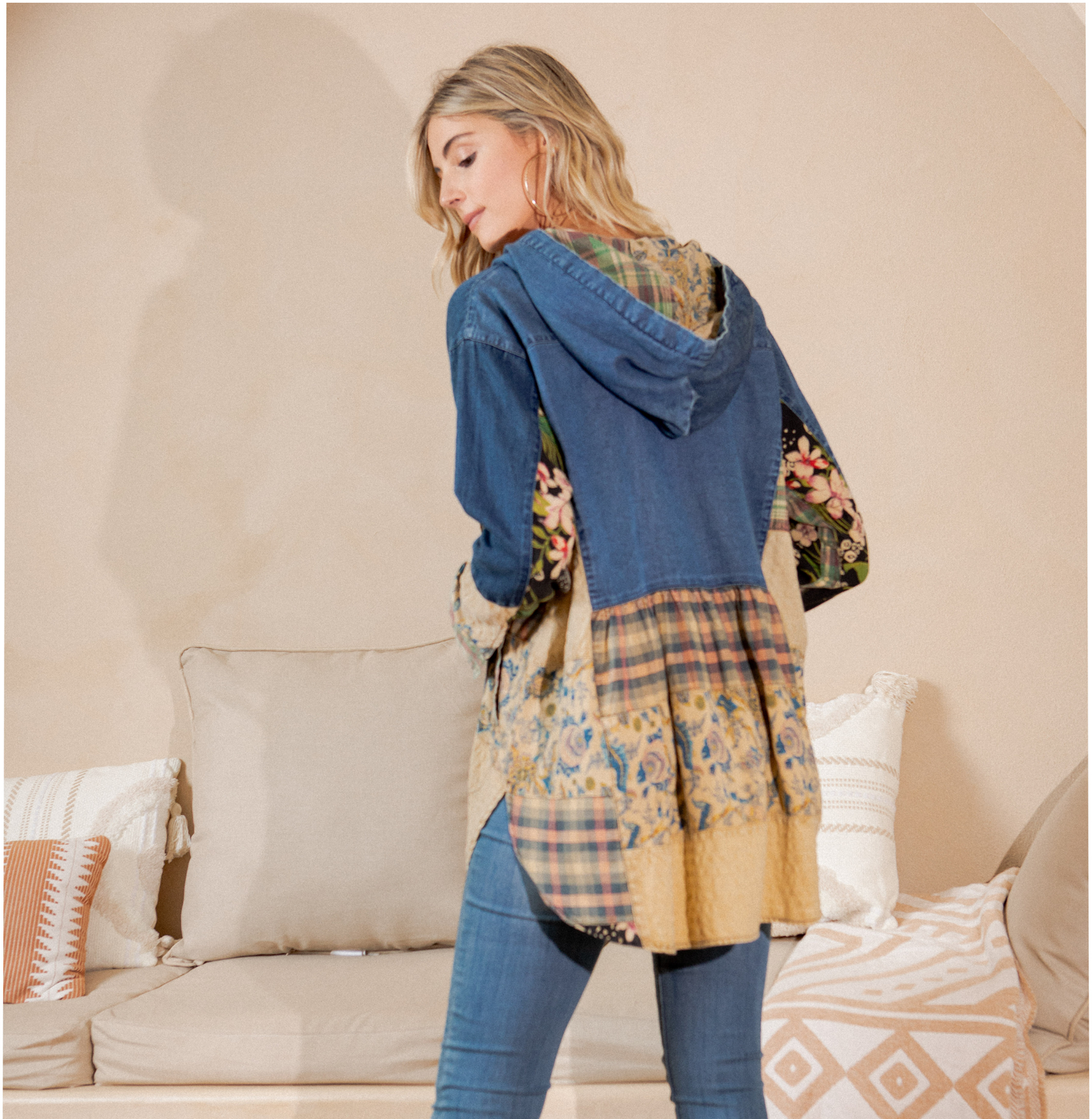 Western Boho Chic: Hooded High Low Patchwork Top