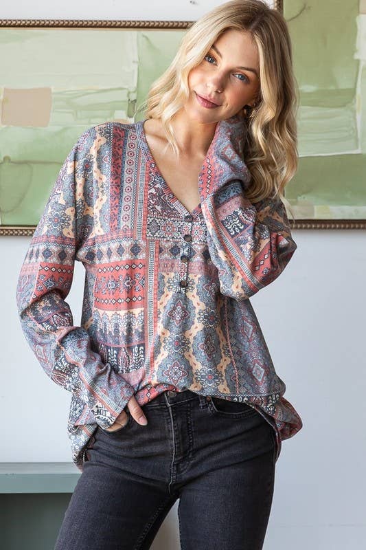 ET6835-14 LONG SLEEVE PATCHWORK PRINT TOP