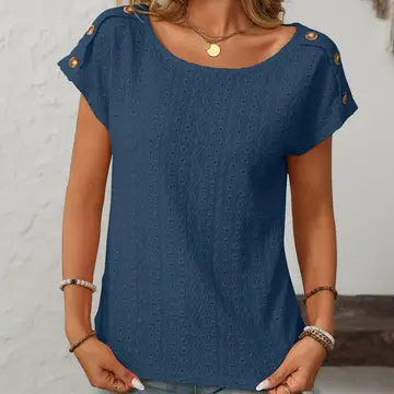 Solid Crewneck Button Short-sleeved Cut-out Top
