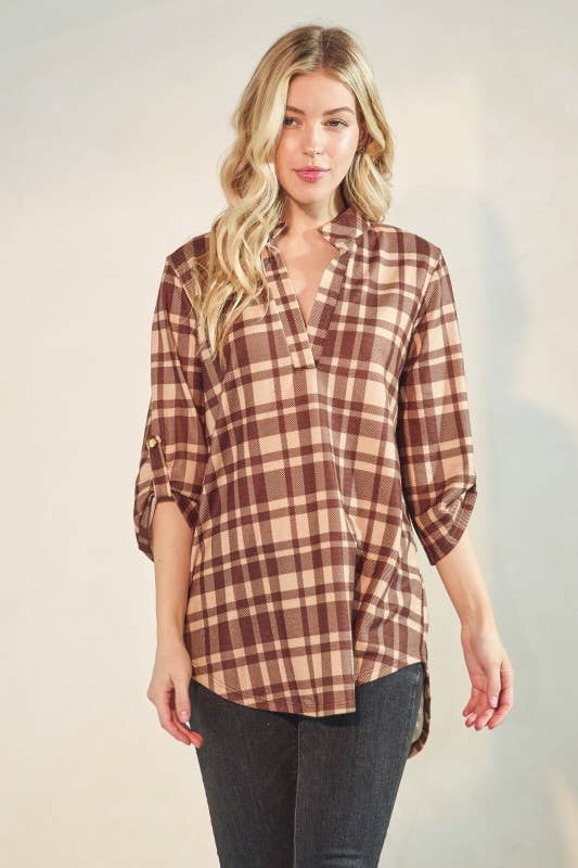 Button 3/4 Sleeve Plaid Mandarin Collar Blouse