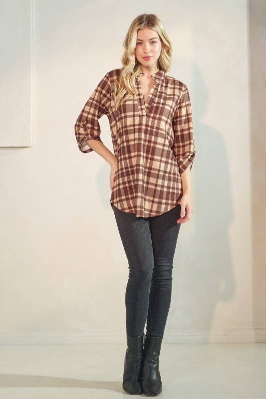 Button 3/4 Sleeve Plaid Mandarin Collar Blouse