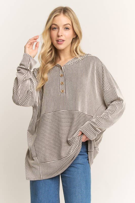 Ribbed 1/4 Button Hooded Top