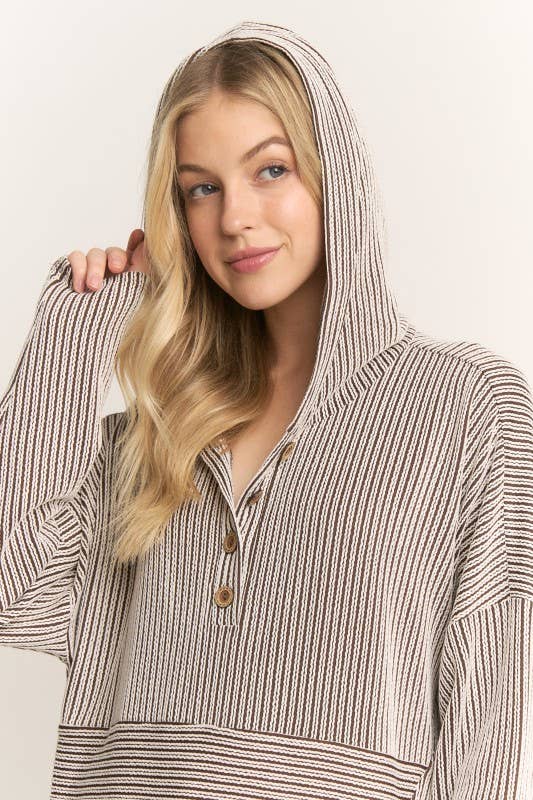 Ribbed 1/4 Button Hooded Top