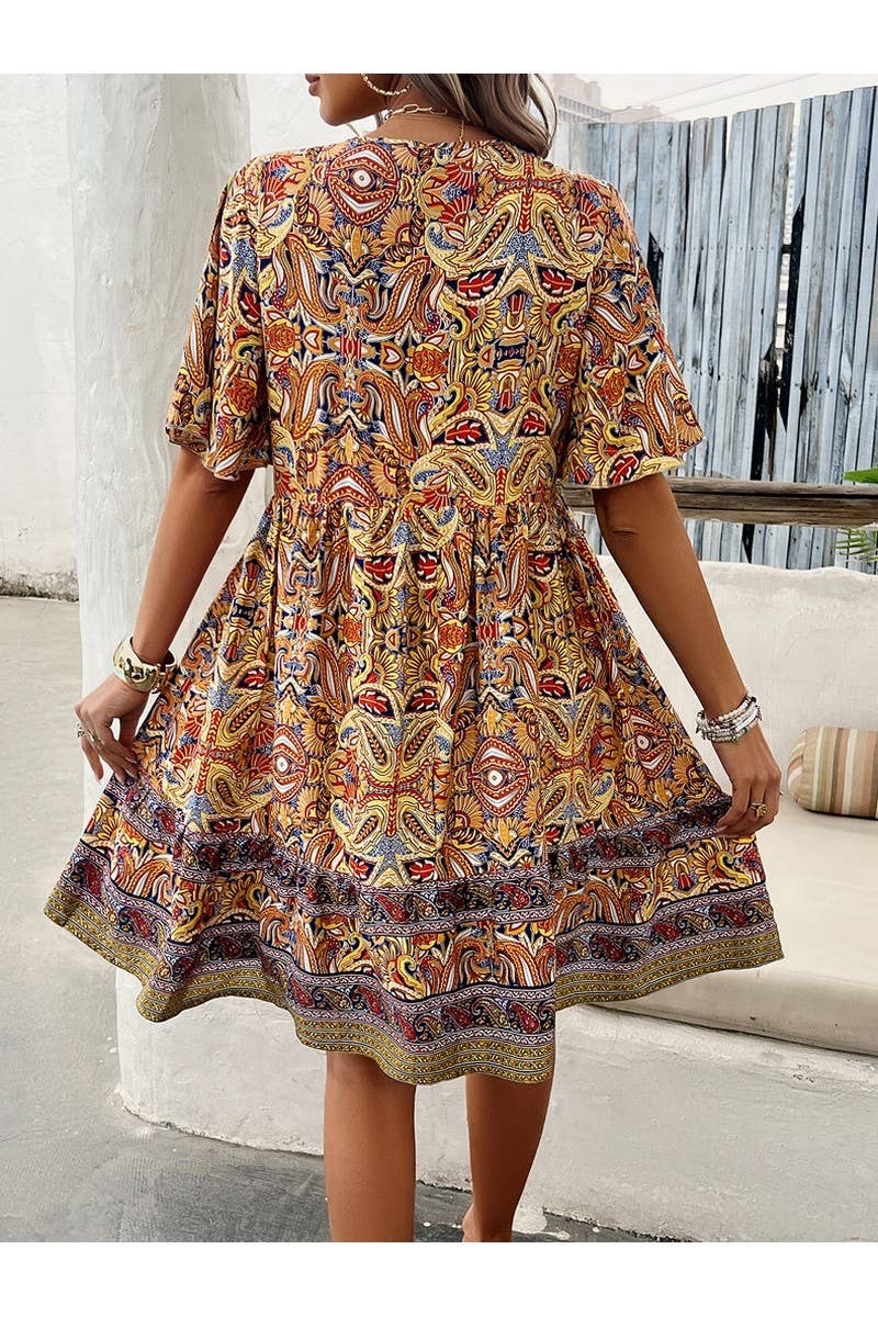 CWDSD4322_Deep V-Neck Short Sleeve Printed Casual Midi Dress