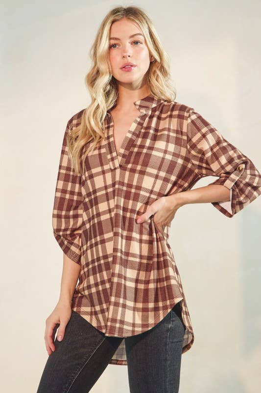 Button 3/4 Sleeve Plaid Mandarin Collar Blouse