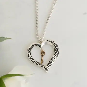 Engraved Heart and Key Necklace