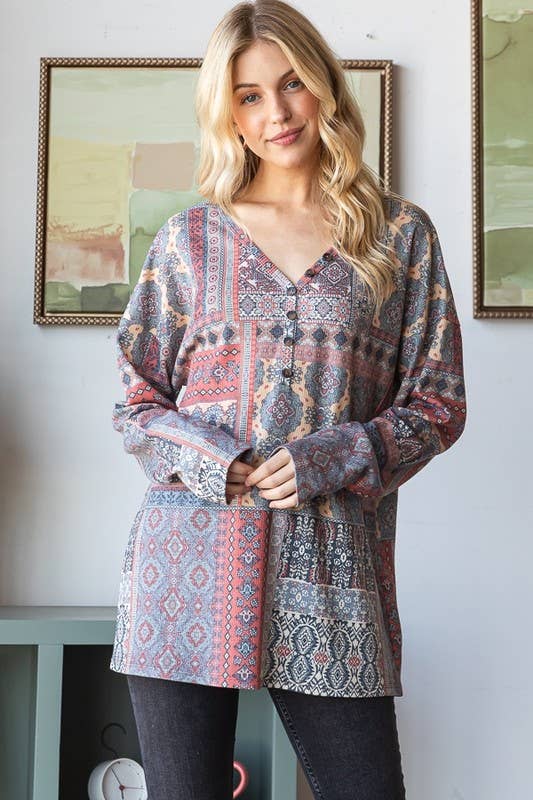 ET6835-14 LONG SLEEVE PATCHWORK PRINT TOP