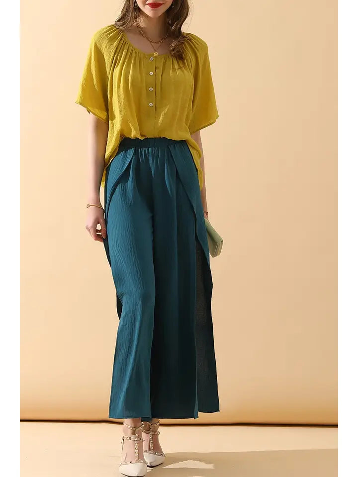 Banded Front Open Slit Leg Wide Pants
