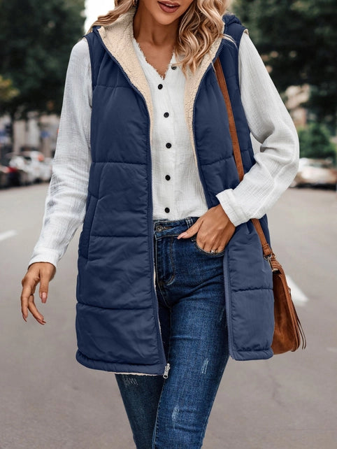 Reversible Sherpa Hooded Zip Up Vest