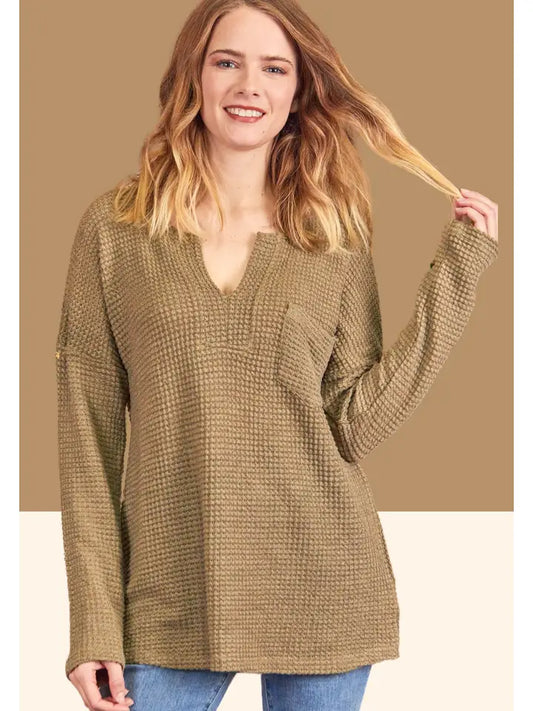 Waffle Knit Solid V-Neck Top
