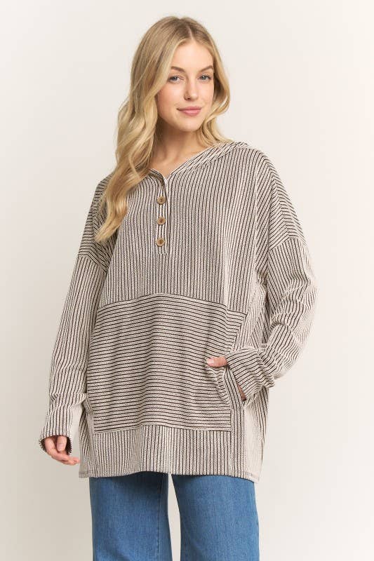 Ribbed 1/4 Button Hooded Top