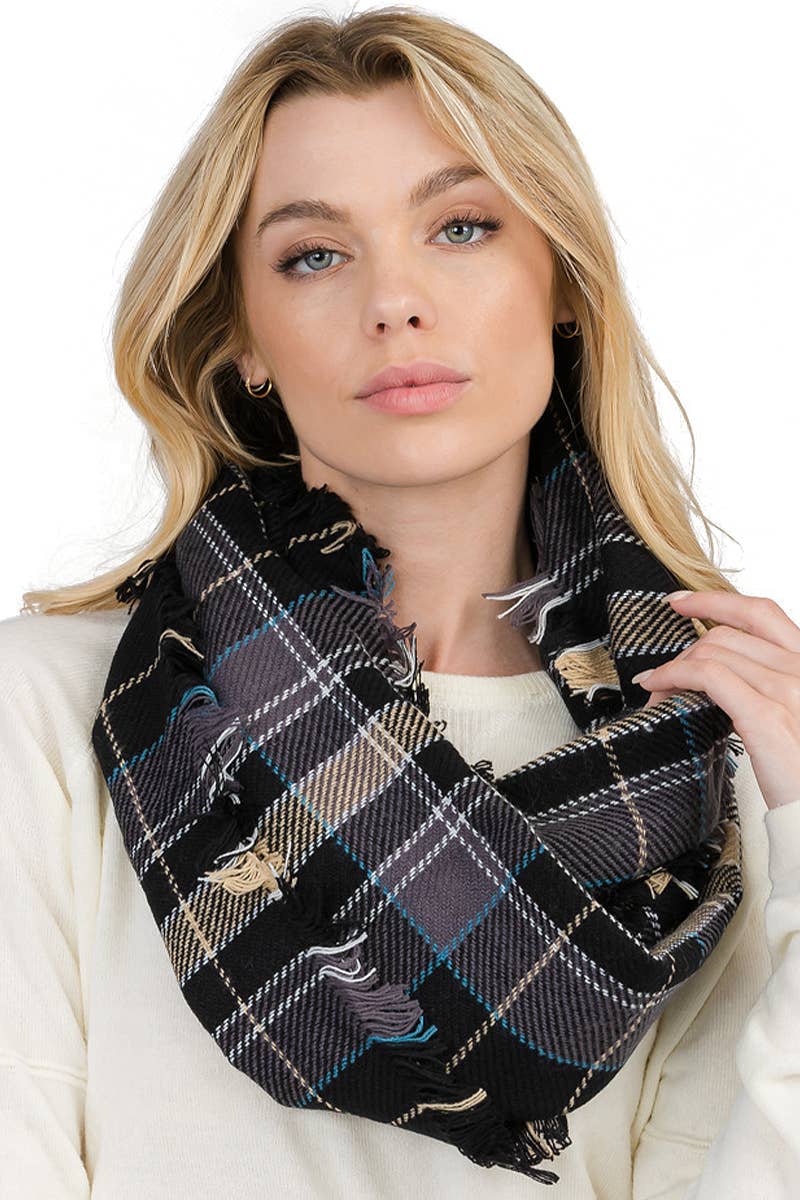 Madras Plaid Knitted Fray Trim Infinity Scarf