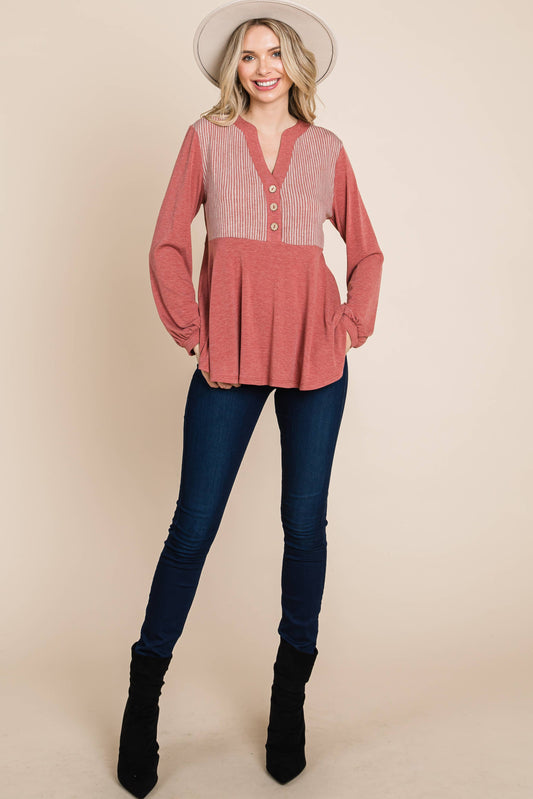 ETK-8871 Cute Solid Long Sleeve Tunic Top
