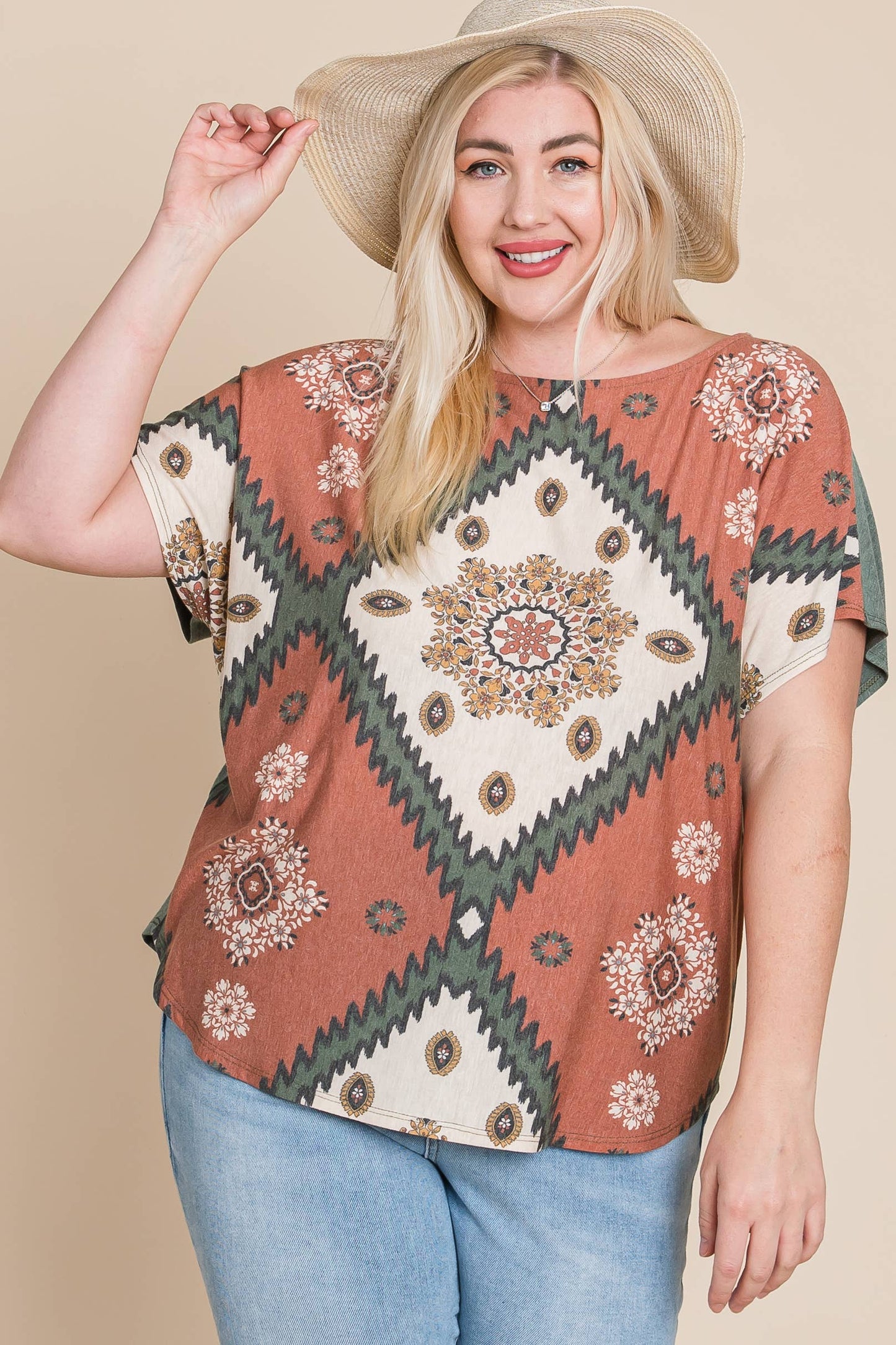 ETK-8722-PL Plus Size Floral Chevron Off Shoulder Top