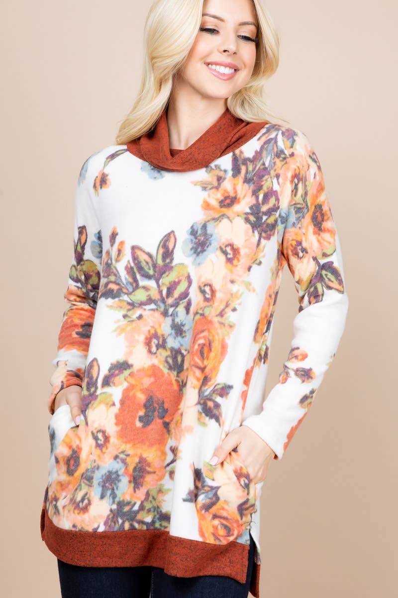ETK-7939 Floral Print Pullover with Cowl Neck