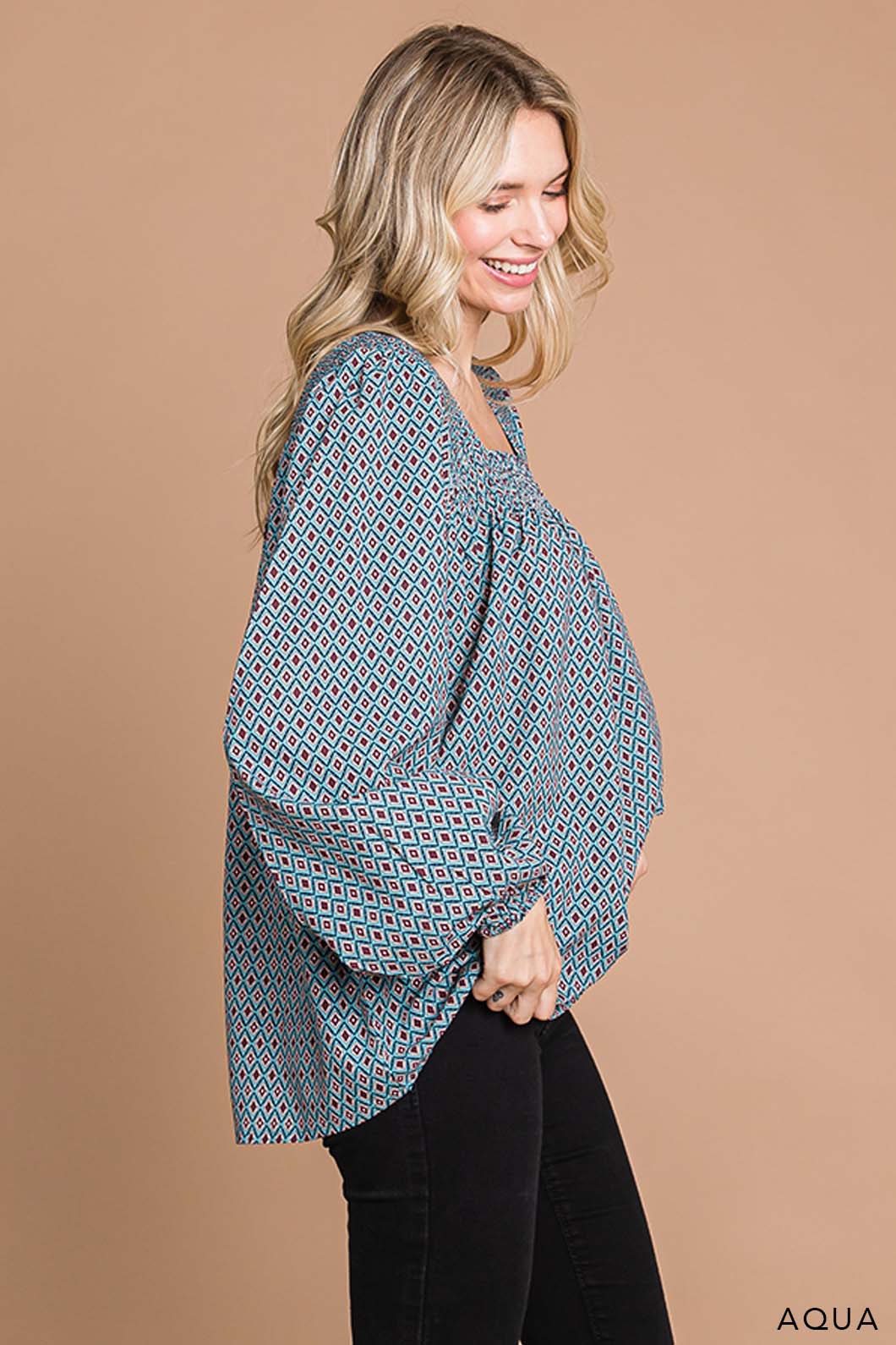 Boho Tile Print Smocking Neck Women's Top