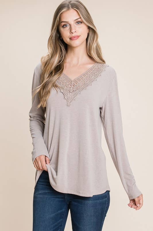 ETK-8559 Lace Patch Neckline Long Sleeve Top