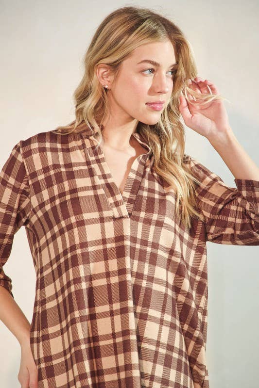 Button 3/4 Sleeve Plaid Mandarin Collar Blouse