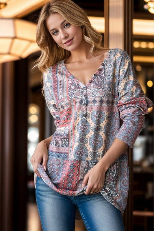 ET6835-14 LONG SLEEVE PATCHWORK PRINT TOP