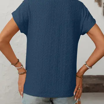 Solid Crewneck Button Short-sleeved Cut-out Top