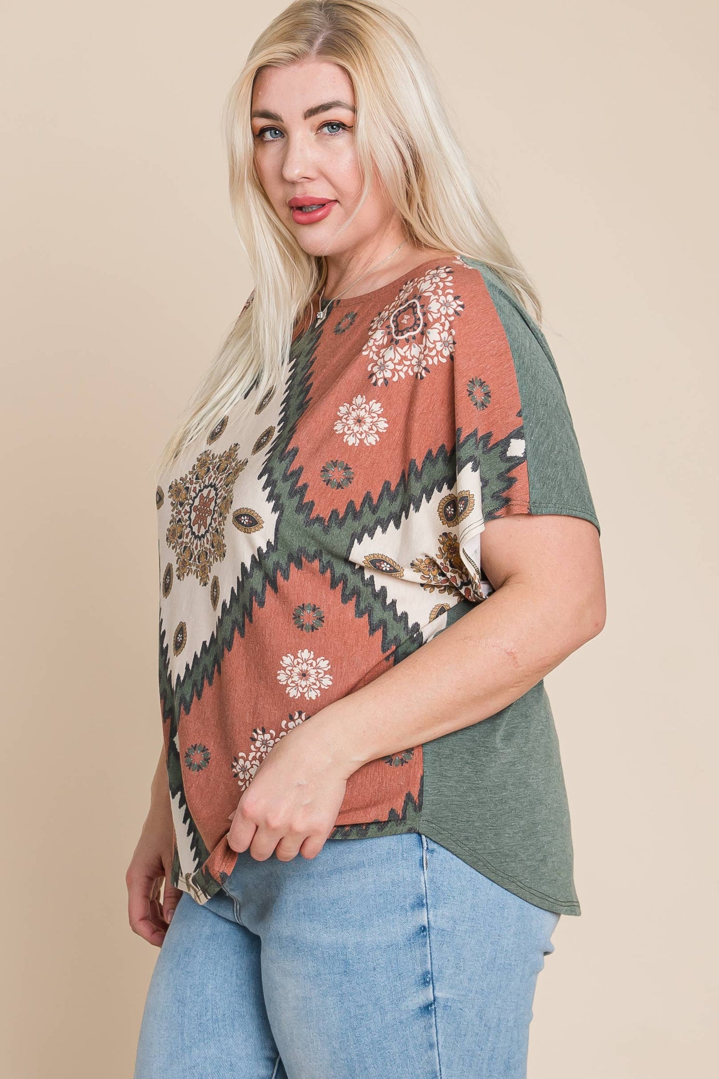 ETK-8722-PL Plus Size Floral Chevron Off Shoulder Top