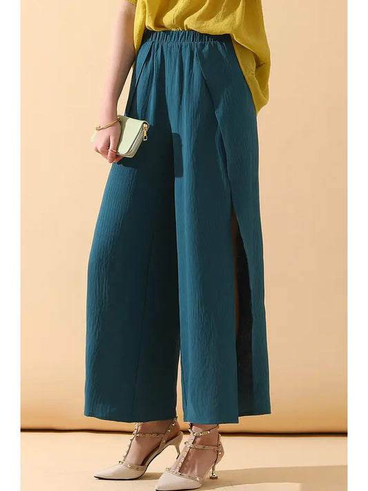 Banded Front Open Slit Leg Wide Pants