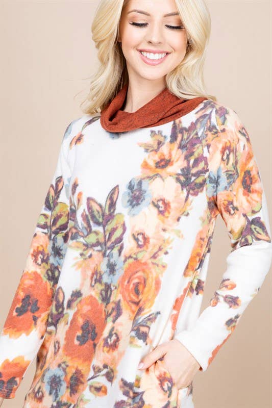 ETK-7939 Floral Print Pullover with Cowl Neck