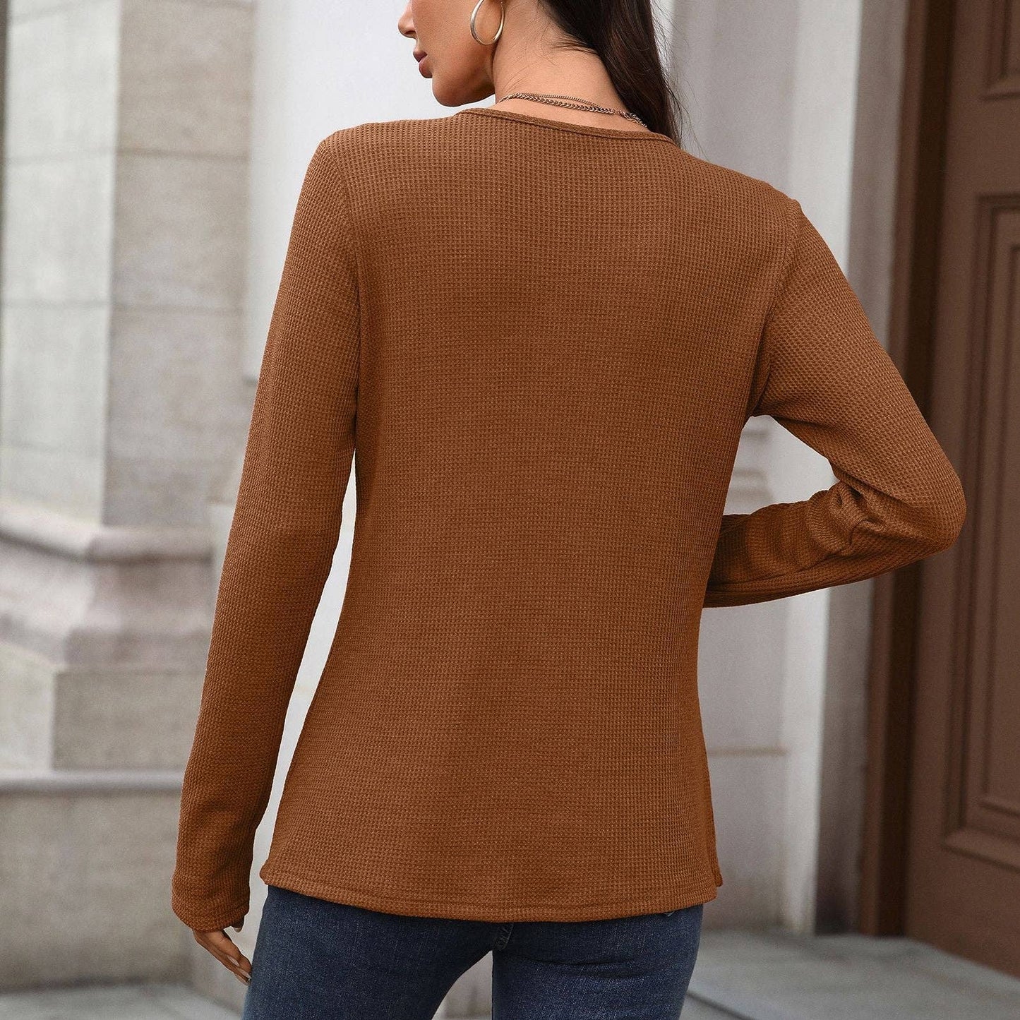 Pure Color Button Neck Pullover Casual Long Sleeve Top