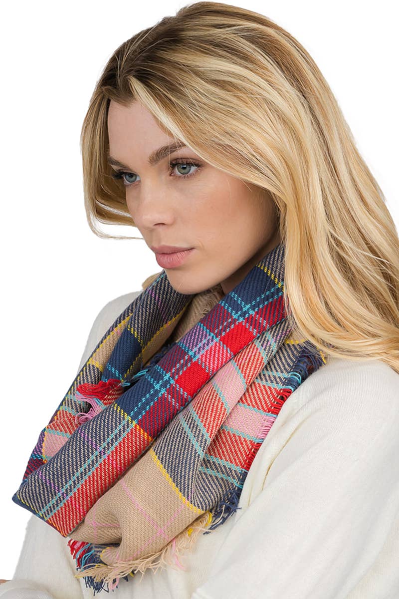 Madras Plaid Knitted Fray Trim Infinity Scarf