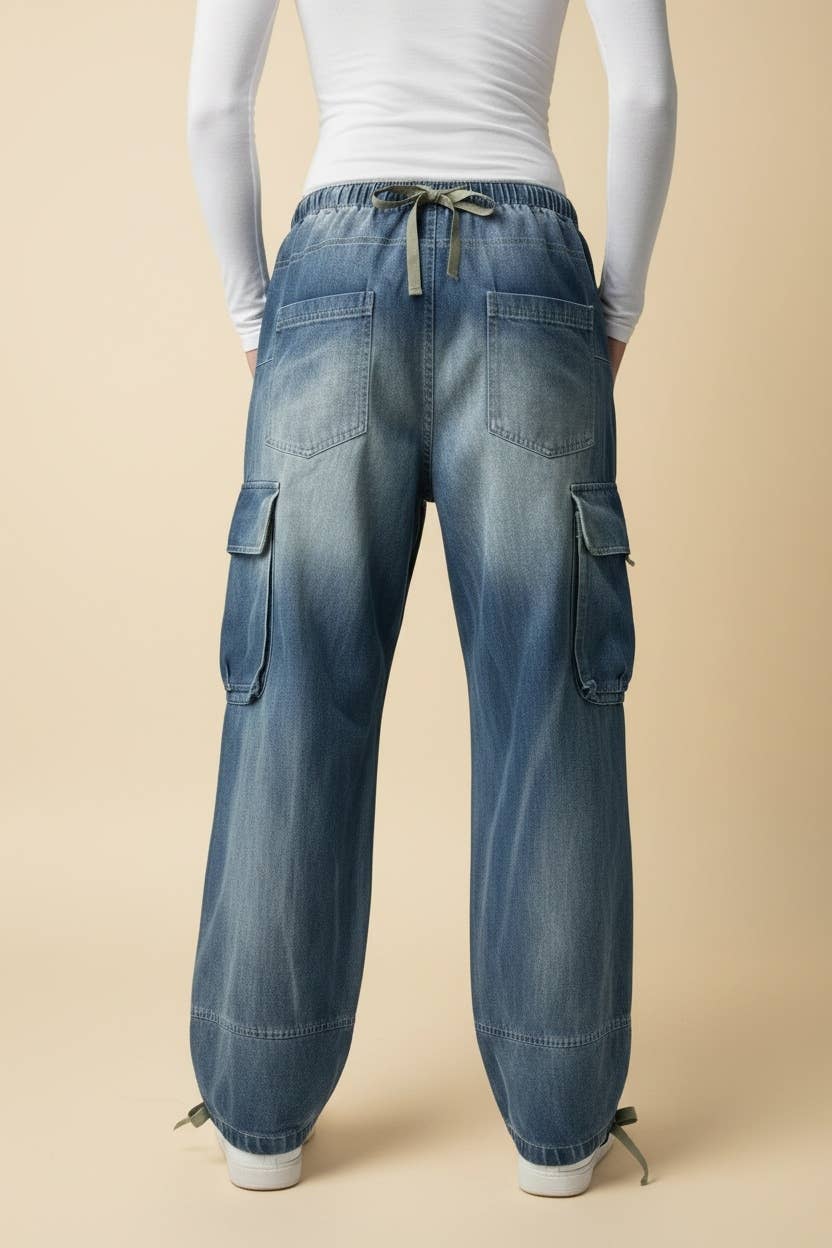 High Rise Cargo Jogger Jeans with Cinched Ankle Ties