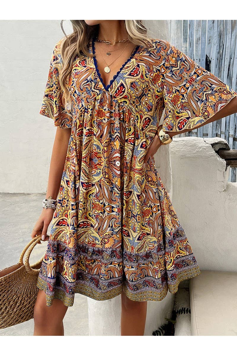 CWDSD4322_Deep V-Neck Short Sleeve Printed Casual Midi Dress