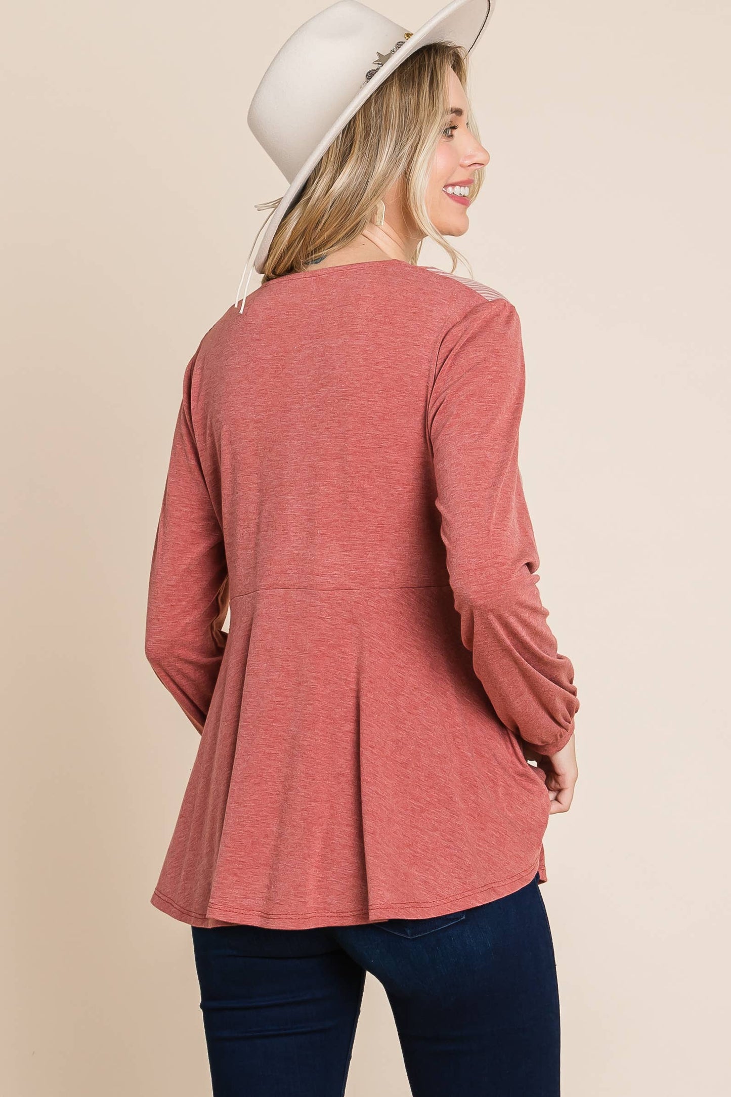 ETK-8871 Cute Solid Long Sleeve Tunic Top