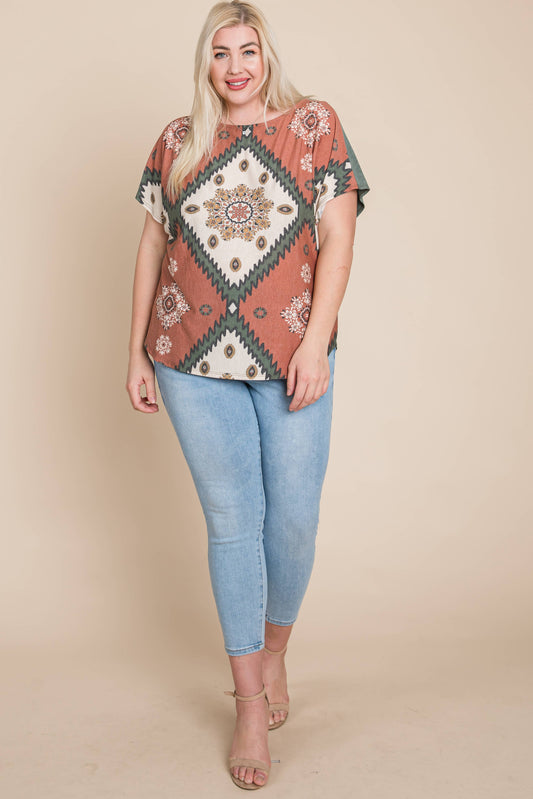 ETK-8722-PL Plus Size Floral Chevron Off Shoulder Top