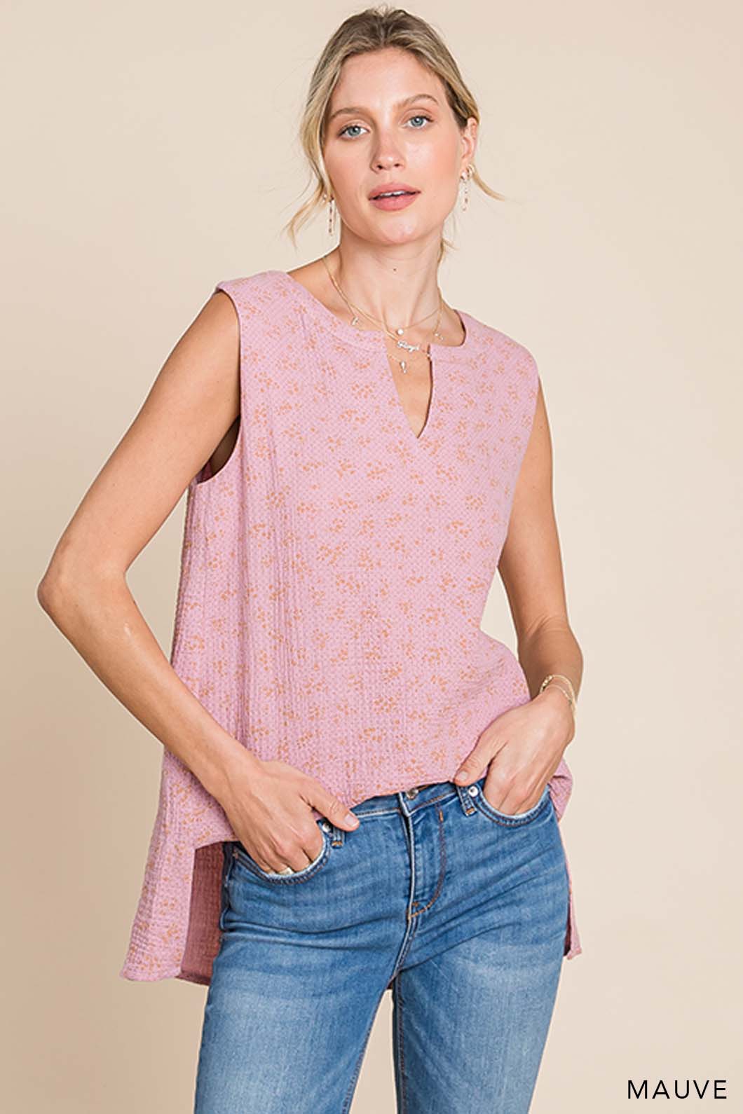 63563W - Women's Cotton Gauze Floral Sleeveless Top