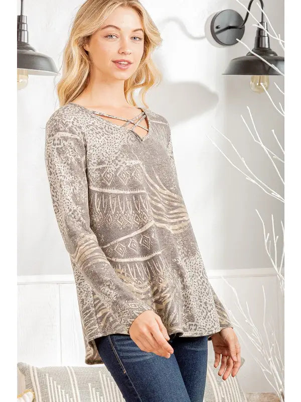 Multi Print Olive Criss Cross Neck Top