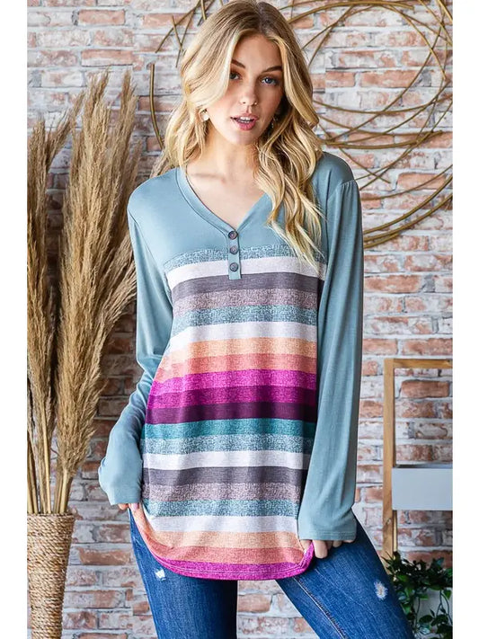 Colorful Striped Long Sleeve V-Neck Top