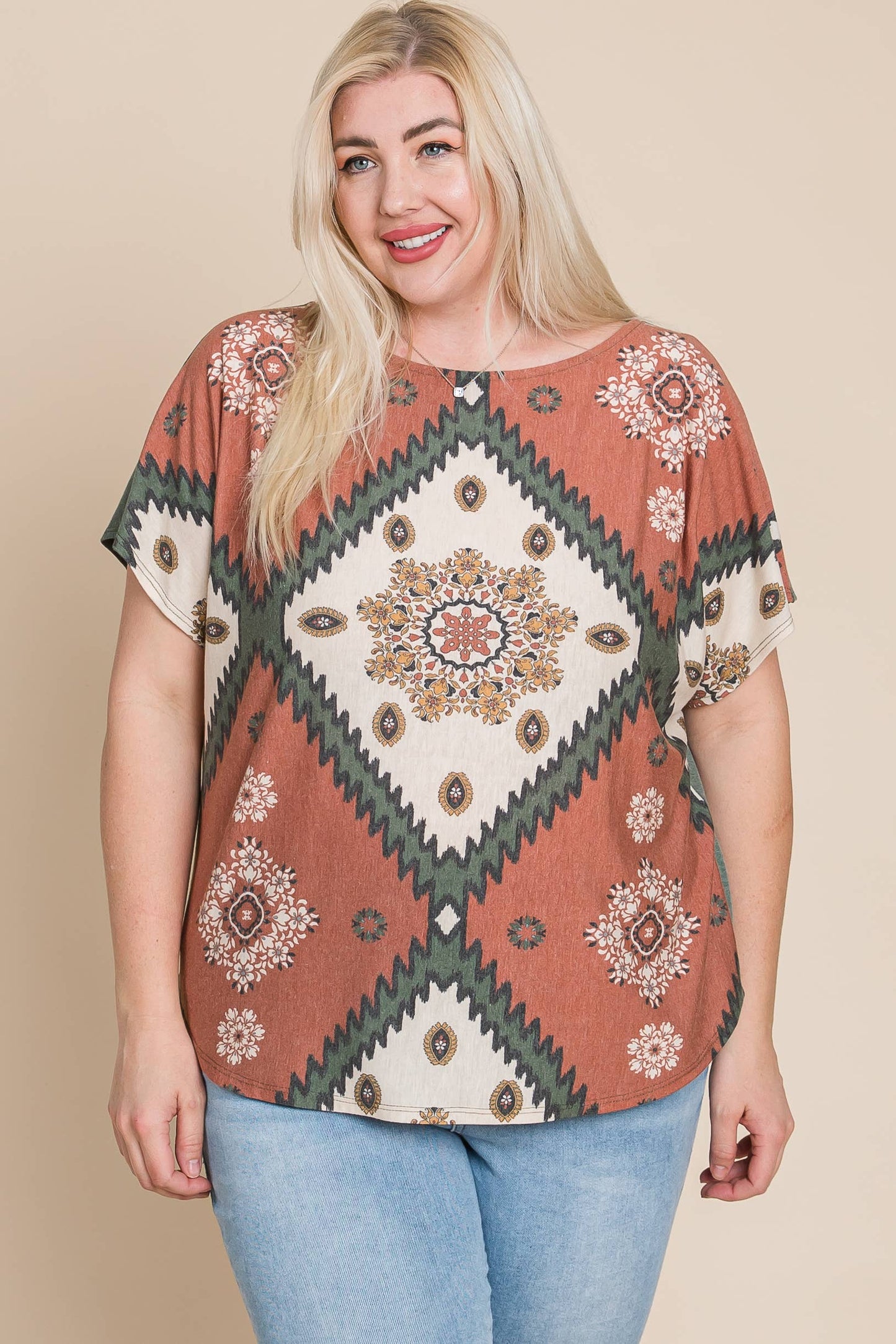 ETK-8722-PL Plus Size Floral Chevron Off Shoulder Top