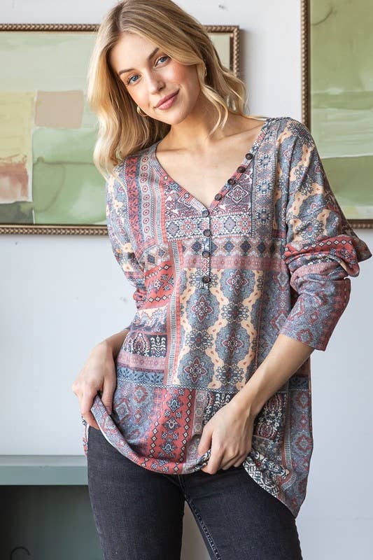 ET6835-14 LONG SLEEVE PATCHWORK PRINT TOP