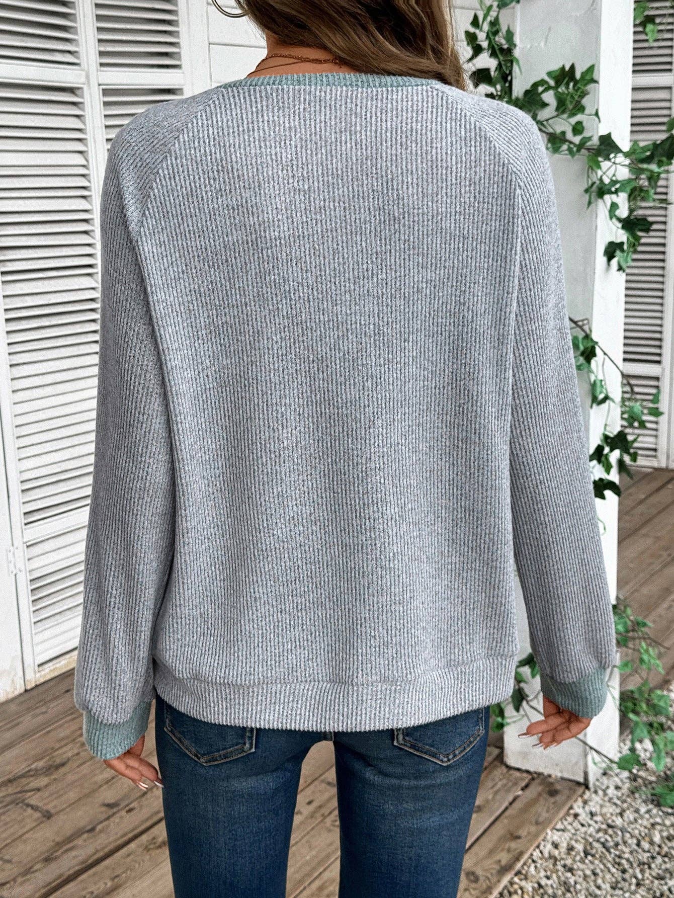Colorblock Top Casual Waffle V-Neck Tunic