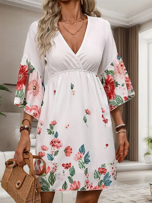Half Sleeve Mock Wrap Floral Dress