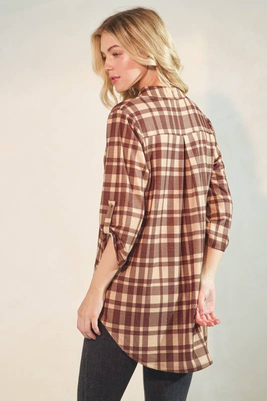 Button 3/4 Sleeve Plaid Mandarin Collar Blouse