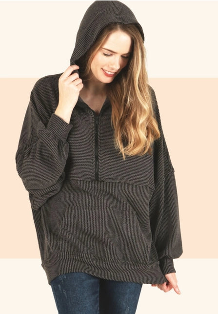 Ribbed Half Zip Hooded Top