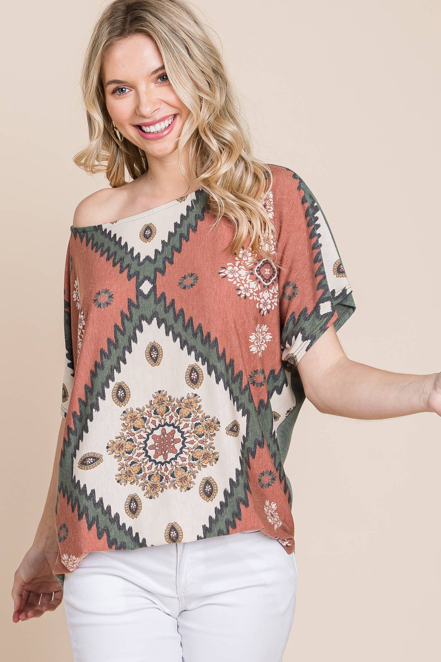 ETK-8722 Floral Chevron Off Shoulder Top