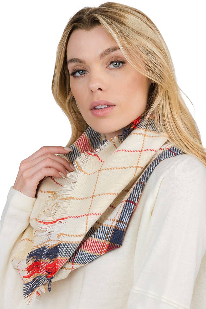 Madras Plaid Knitted Fray Trim Infinity Scarf