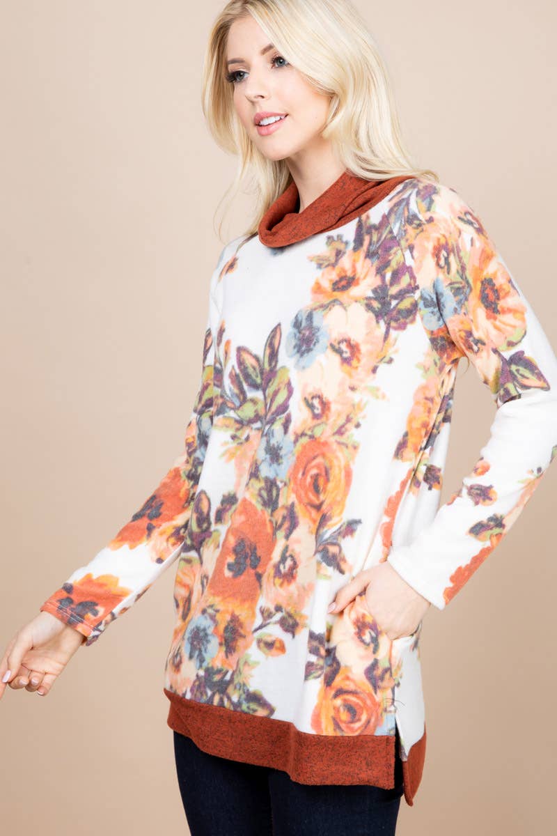 ETK-7939 Floral Print Pullover with Cowl Neck